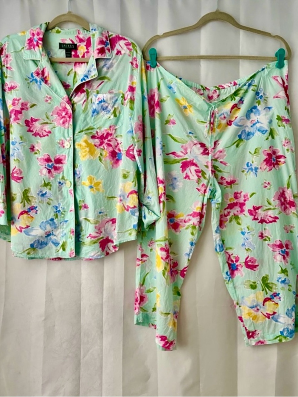 Lauren Ralph Lauren Floral Cotton Pajama Set XL Mint Pink Capri Cottagecore LRL